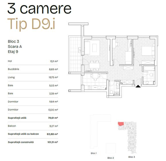 Apartament cu 3 camere  tip D9 | PRIMA ASTERA | FAZA II - 1
