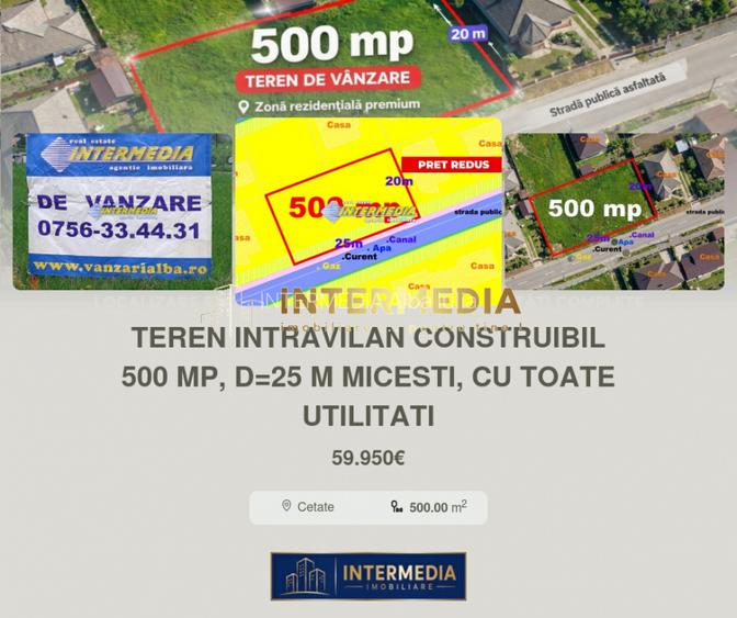 Teren intravilan construibil 500 mp, d=25 m Micesti, cu toate utilitati