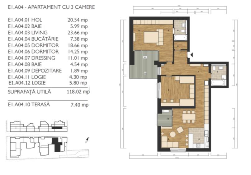 Apartament 3 camere, etaj 1, 106,6 mp utili
