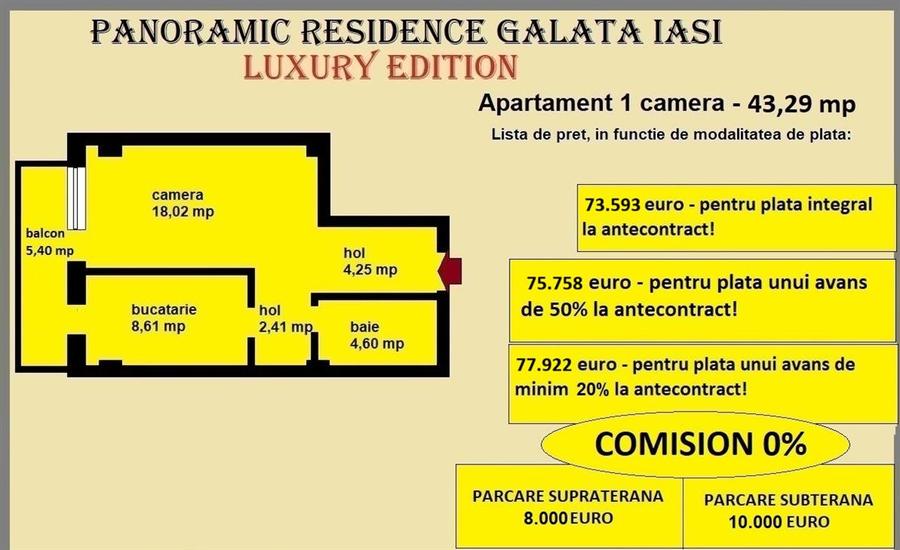 Apartament 1 camera de vanzare in Iasi, Galata, 43,29 mp, bloc nou