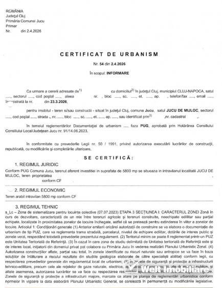 0% Comision - 5.800 mp pentru Dezvoltare Rezidentiala in Jucu