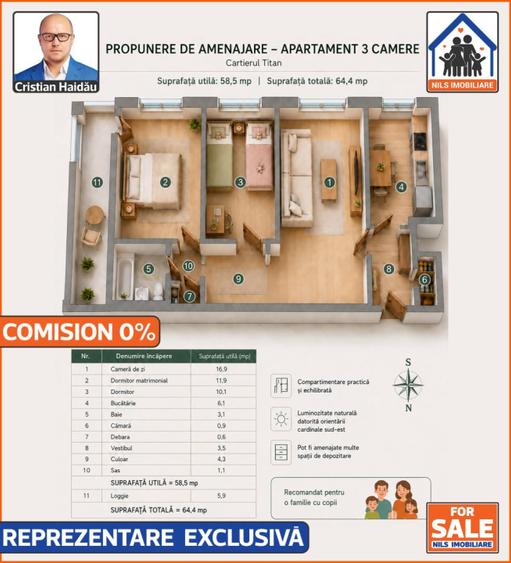 Apartament cu 3 camere si balcon in Titan | Comision 0!