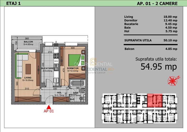 Apartament compartimentat modern -2 camere, decomandat, finisaje noi, Comision 0 - 1