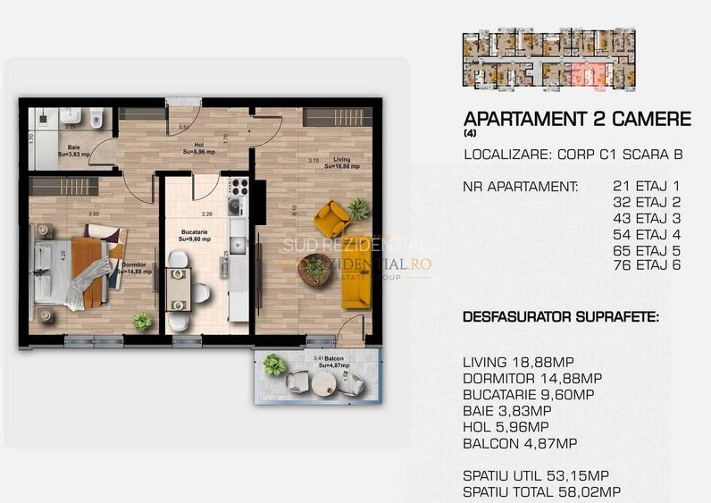 Apartament decomandat cu 2 camere + balcon, acces facil metrou Berceni - 1