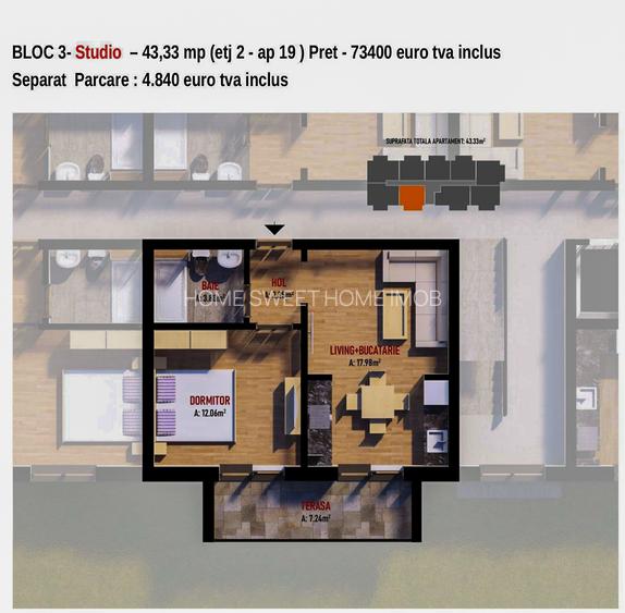 Studio 44mp premium luminos cu terasa si dormitor si incalzire pardoseala - 1