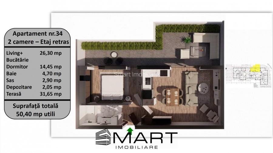 Penthouse 2 camere, 50mp utili + 33mp terasa, zona Tractorul - 2