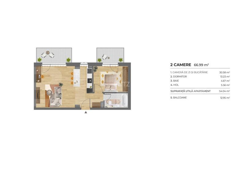 Apartament 2 Camere, 54 mp, 2 Balcoane, Imobil nZEB, Dambu Rotund - 2