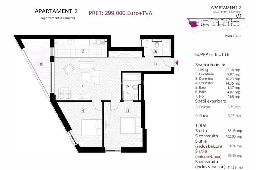 Apartament 3 camere, balcon, boxa, metrou Stefan cel Mare, bloc nou - 9