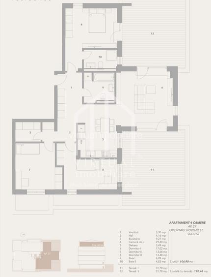 Penthouse de vanzare  - 4 camere - 106,9 mp + 2terase de 31.78mp - 4