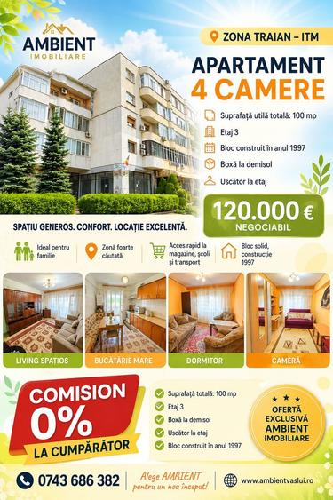 Apartament cu 4 camere, SC -133 mp, etaj 3, VASLUI - zona TRAIAN - ITM;