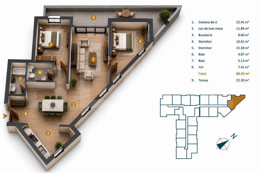 Apartament 3 camere, 88,2 mp, bloc nou cu CF, terasa 30,3 mp, Intre Lacuri
