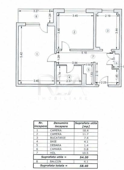 2 Camere, decomandat, 58,4 mp, bloc din 1980-Zona Lujerului