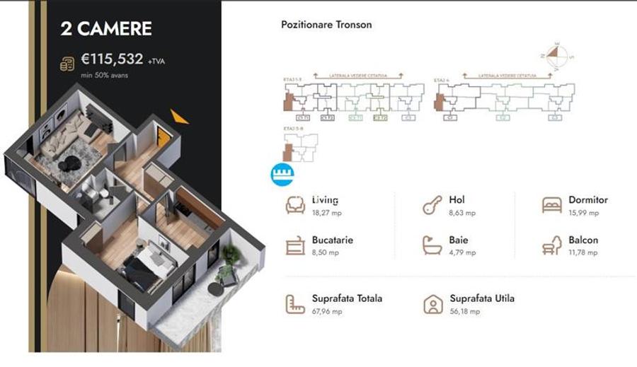 Apartament 2 camere,67.96 mp,bloc nou,zona Nicolina Selgros