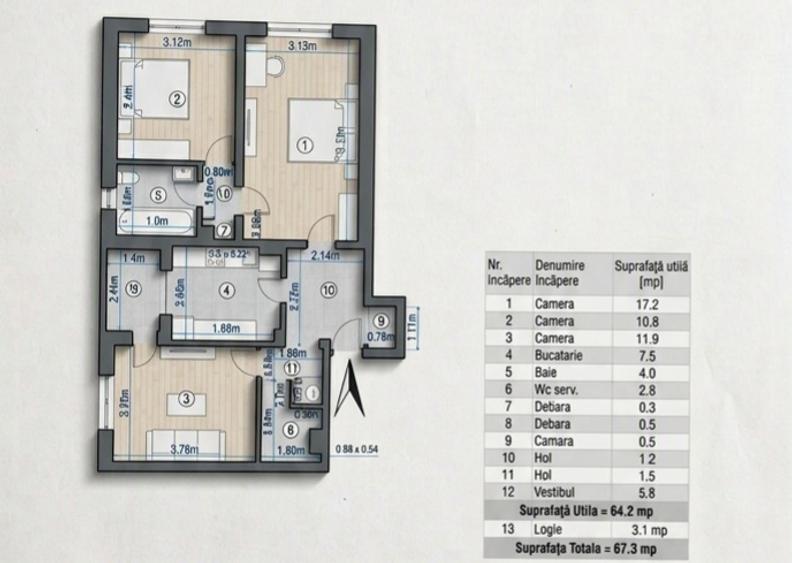 **Apartament cu 3 camere | 64,2 mp utili | 2 băi | Bloc 1985 | Etaj 7/8 | Sector