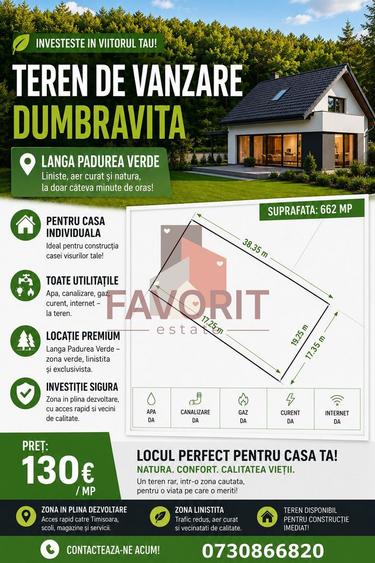 Teren de vânzare Dumbrăvița,lângă Pădurea Verde | Toate utilitatile