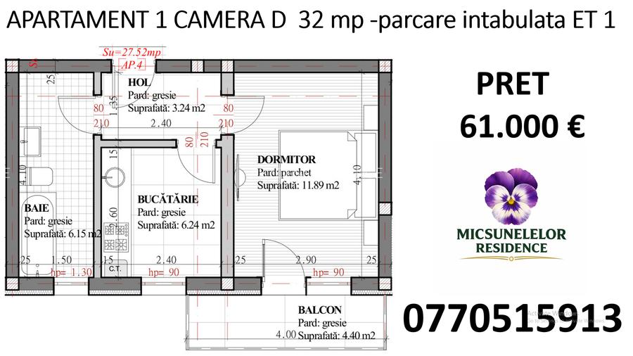 INTABULAT - Apartament 1 camera D 32 mp et 1 parcare intabulata Lunca Cetatuii - 2