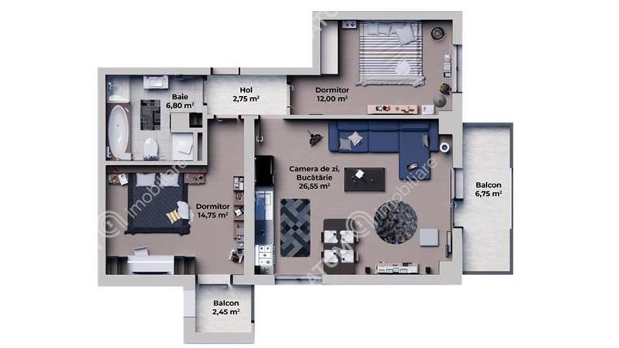 Apartament intabulat de 3 camere cu 2 balcoane pe Calea Surii Mici