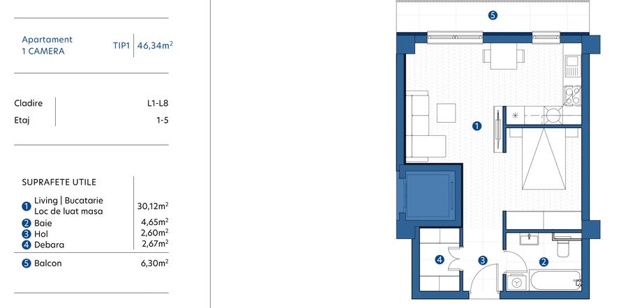 Apartament 1 camera 46 mp, debara, bucatarie si zona dormit separate, avans 15% - 4