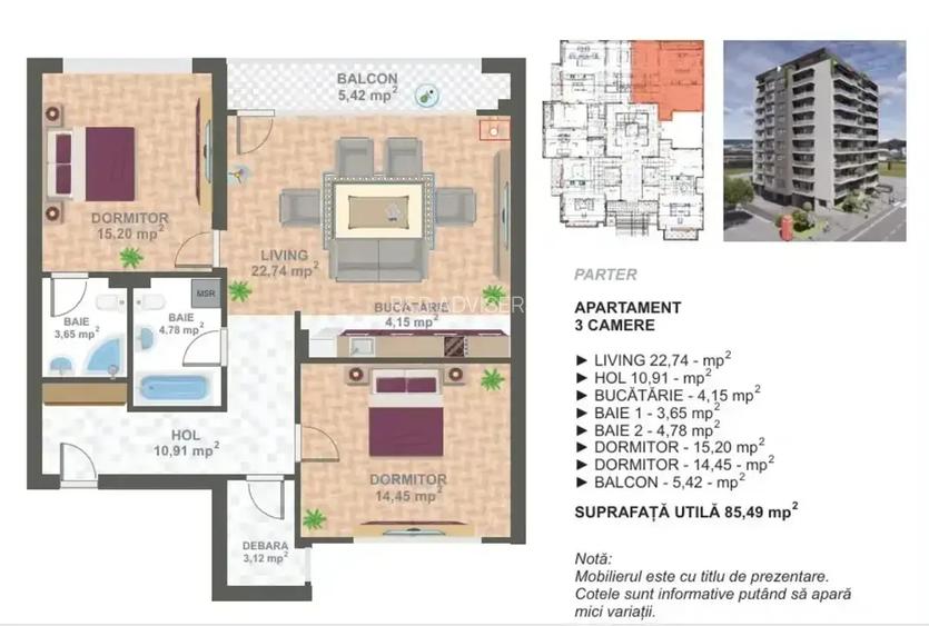 Apartament 3 camere 85,49mp, balcon  | Bloc nou | zona 13 Septembrie I - 11