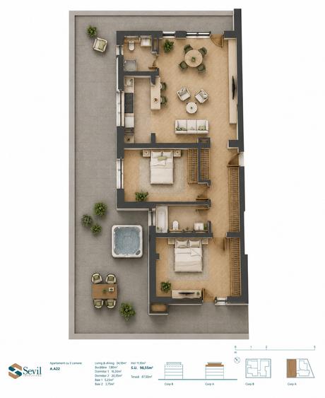 Sunbelt by Sevil | Penthouse 3 camere | 98,55 mp | Terasă panoramică 87,50 mp