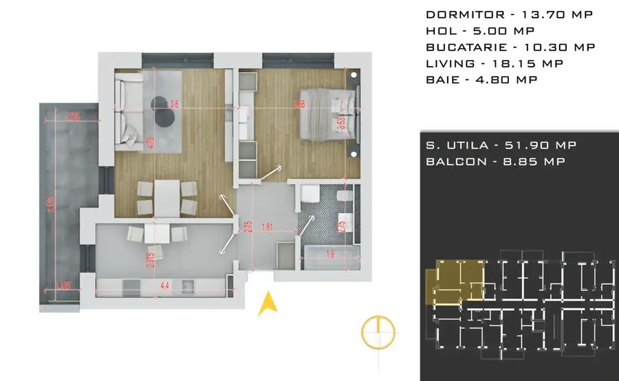 Apartament 2 camere, terasă de 8,85 mp, Theodor Pallady