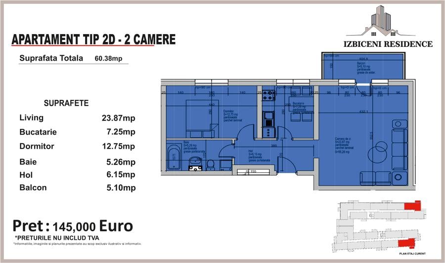 Apartament 2 Camere TIP D in complex Izbiceni Residence