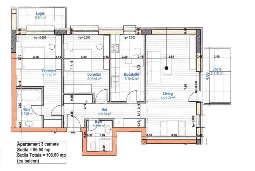 Apartament premium 3 camere | 100,60 mp |  | Două bai  | metrou 15 min - 2