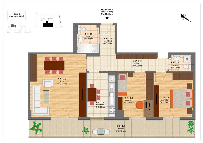 3 camere, mobilat si utilat complet, complex cu paza - 13