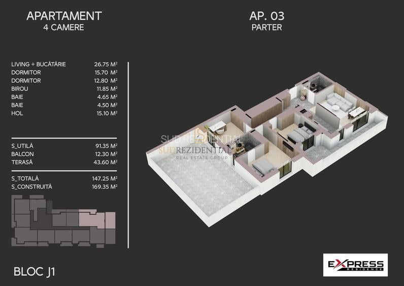 Apartament modern cu 4 camere, terasa 43.60 mp, acces metrou, Sector 4 - 1
