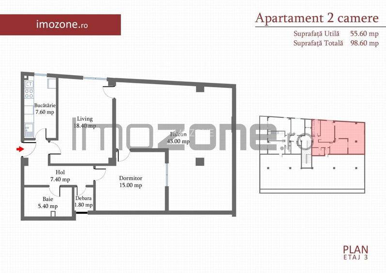 Ap., 2 cam. dec. 56 mp., + Terasa acoperita 43 mp,+ Pod, Pacii, Comision 0% - 1