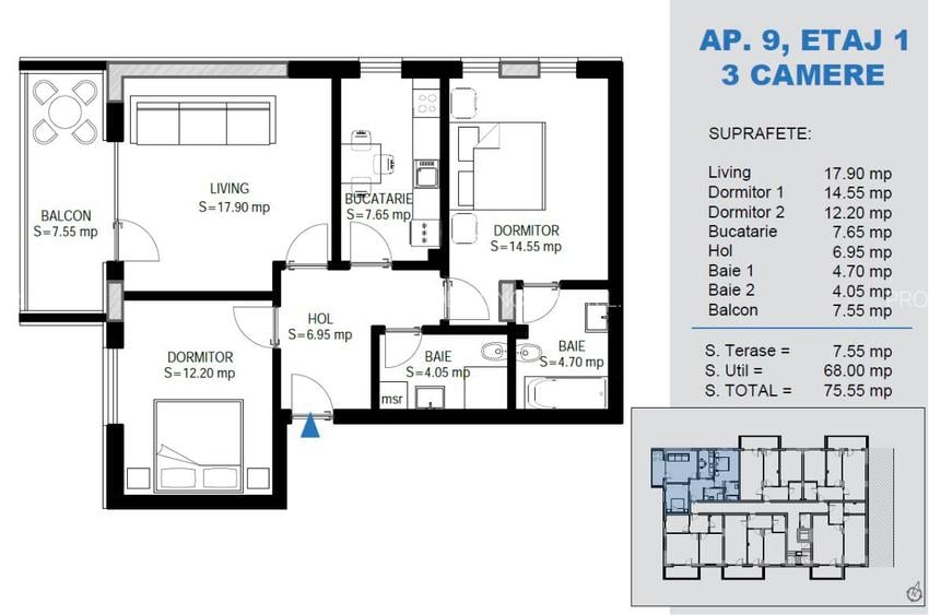 Apartament cu 3 Camere Ozana - Pallady, bucatarie inchisa, terasa generoasa - 1