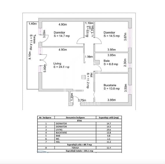 Apartament cu 3 camere, 90mp utili+terasa (11mp), etaj 1/2, Lazaret - 1