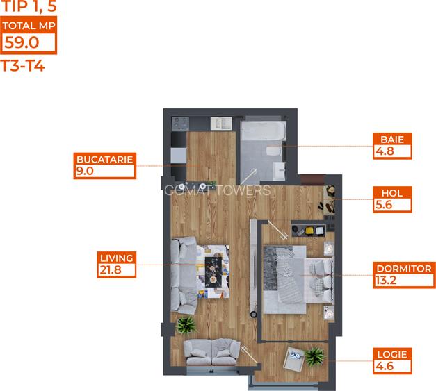 Apartament 2 Camere | 59mp | Comat Towers | Pacurari | Dacia - 1