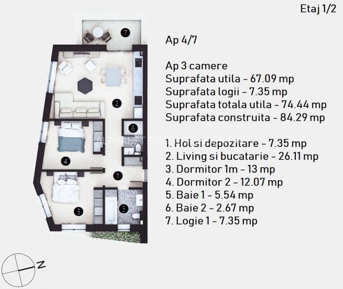 Apartament 3 camere, 75MP, 2 BAI, 0% Comision, Doamna Ghica - H35 - 8