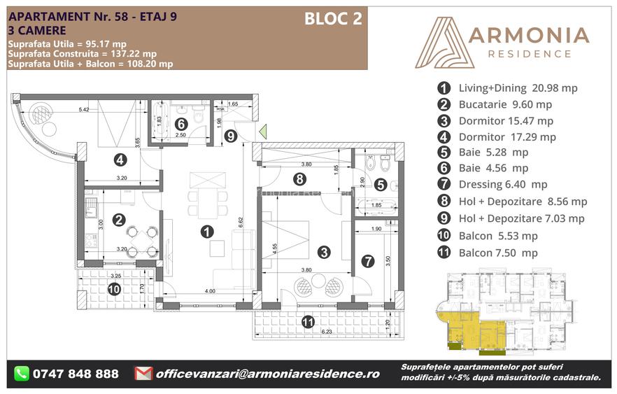 Apartament spațios 3 camere în Tractorul, balcon  de 13,03 mp– ARMONIA RESIDENCE - 1