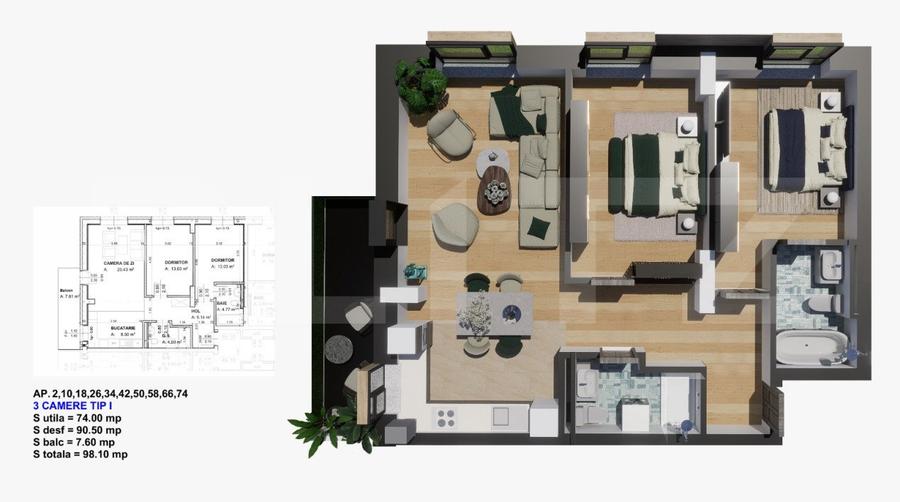 Comision 0% la cumparator! Apartament 3 camere, 81,60 mp, zona Satina Park