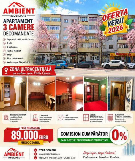 OFERTA VERII!! Apartament cu 3 camere, mobilat, VASLUI zona CENTRU - BIG;