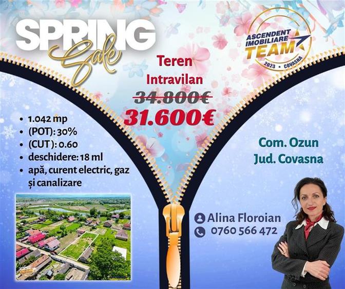 Oportunitate pe 1.100 mp intravilan, pregatit,Ozun,10 min de Sfantu Gheorghe,Cov