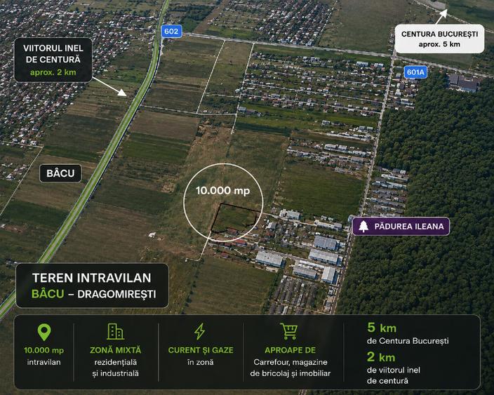 Teren intravilan 10.000 mp – Bâcu / Dragomirești – zonă mixtă