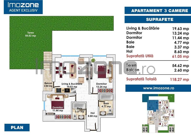 3 CAMERE LA PARTER CU CURTE PROPRIE DE 57MP,  2 BAI, POZITIE PE SUD, COMISION 0% - 21