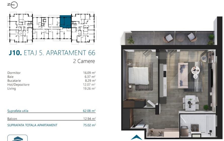 Apartament cu 2 camere, 62 mp, Ansamblu Rezidential, zona RIVUS - 2