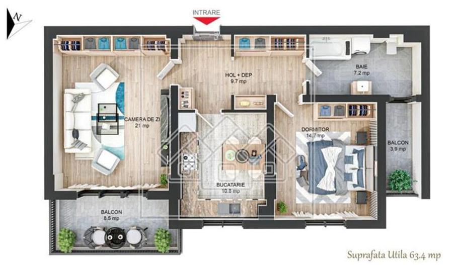 Ap decomandat, cu 2 camere, 64 mp utili, 2 balcoane, boxa, Ciresica