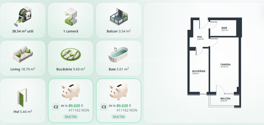 Apartament 1Cam, 78.640 euro+TVA, 41,6mp - 14