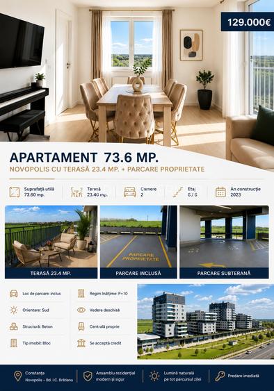 Apartament 73.6 mp. Novopolis cu terasă 23.4 mp. + parcare proprietate - 20