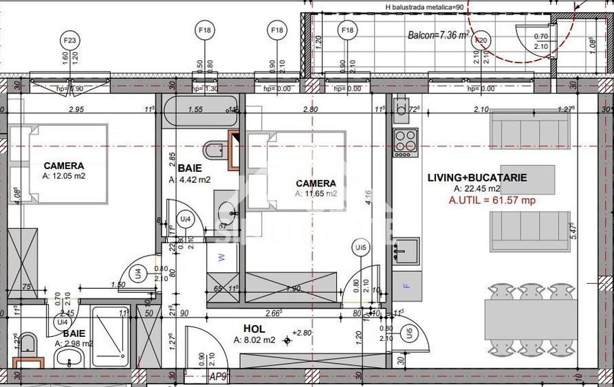 Apartament decomandat cu 3 camere-s.utila 72 mp, 2 bai,2 balcoane