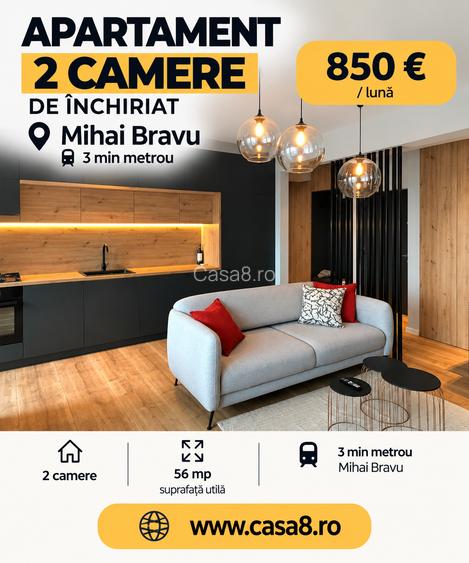 Apartament premium 2 camere | Mihai Bravu | 850 €/lună | 56 mp | 3 minute metrou
