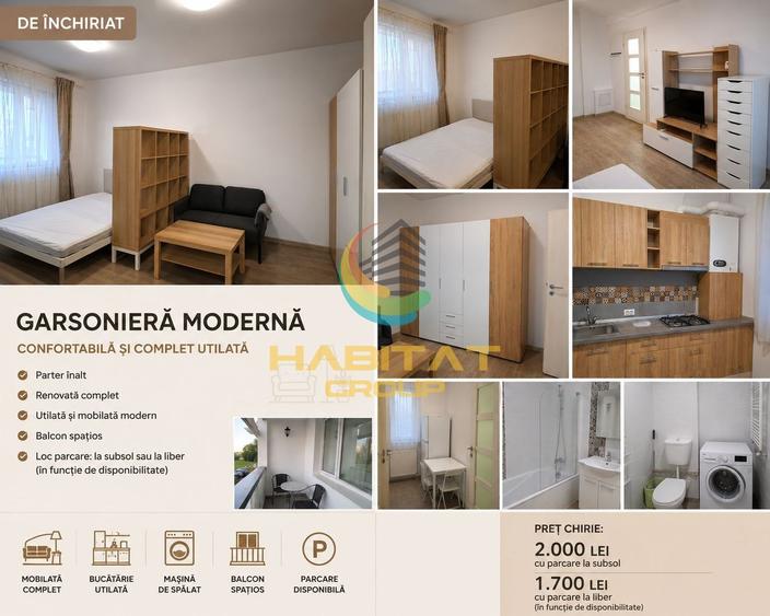 Garsonieră modernă de închiriat – complet mobilată și utilată !