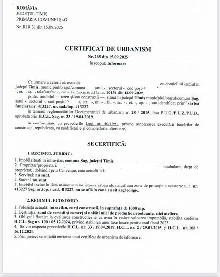 Teren intravilan - 1000 mp, Șag, județul Timiș - pt servicii,comert,productie - 2