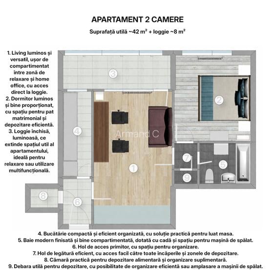 Apartament 2 camere, luminos și eficient compartimentat, loggie închisă ~8 mp - 11
