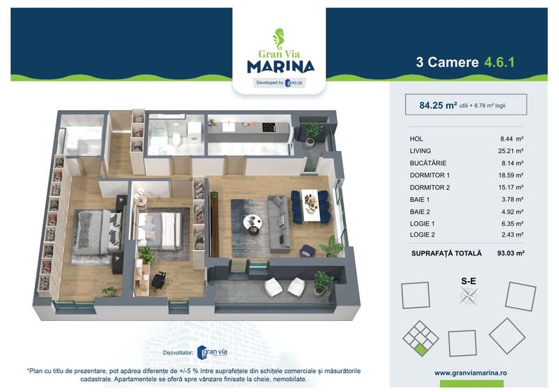 Apartament cu 3 camere, suprafata mare, decomandat, in bloc nou, zona Tomis Nord